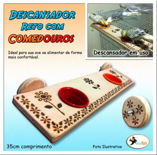 Descansador Reto de 35cm com 2 Comedouros Coloridos